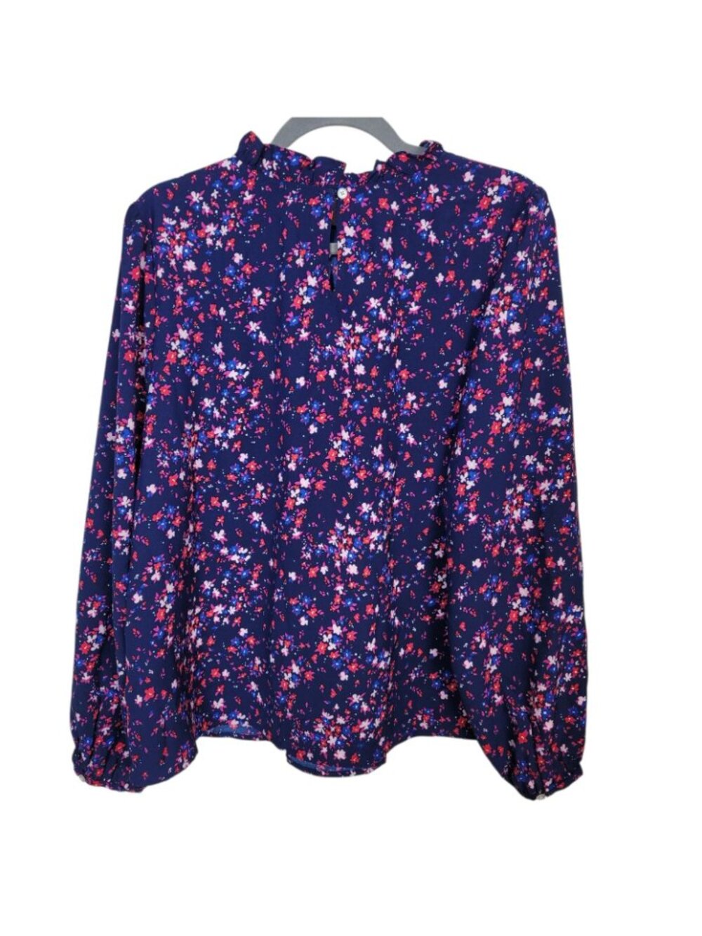 J. Crew Factory Ruffle Neck Long Sleeve Navy Floral Top Blouse Sz XL Preppy - Picture 3 of 8